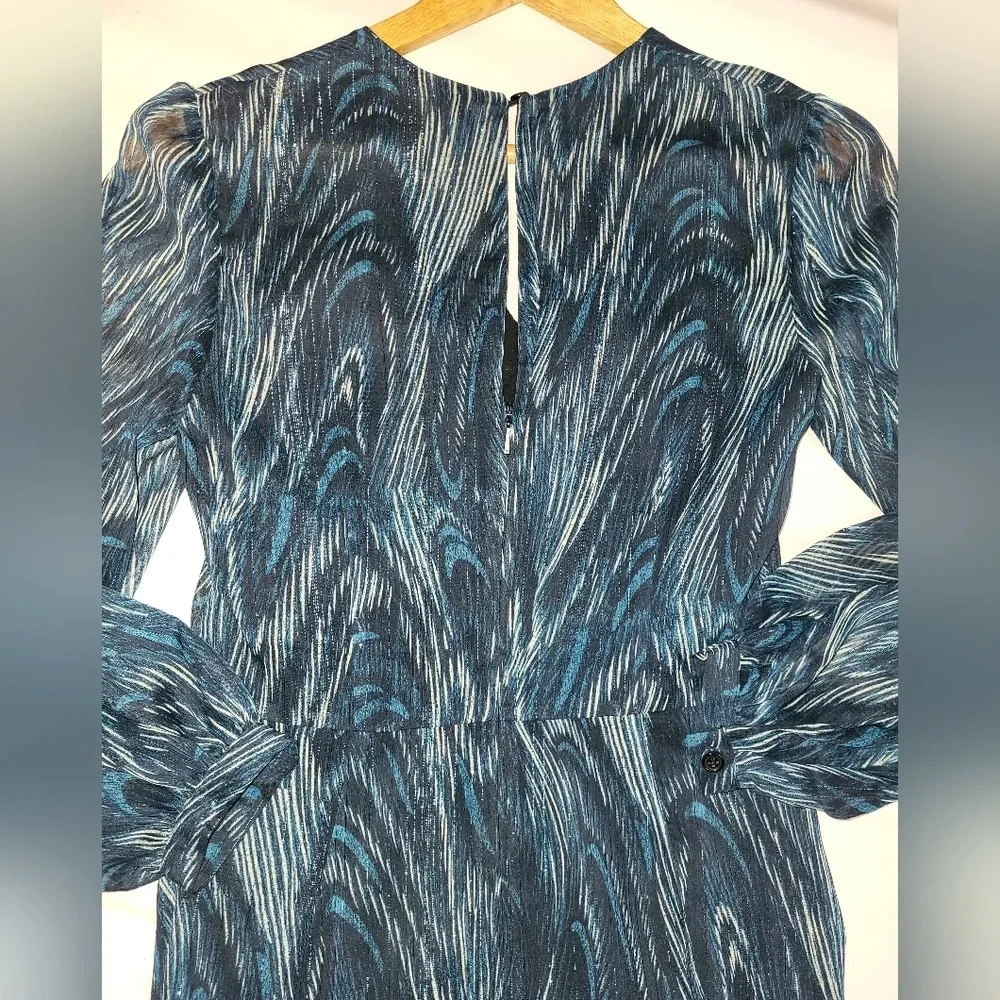 WHISTLES Blue‎ Wave Ruched Dress Size 4 Teal Black Long Sleeve Metallic Glam
